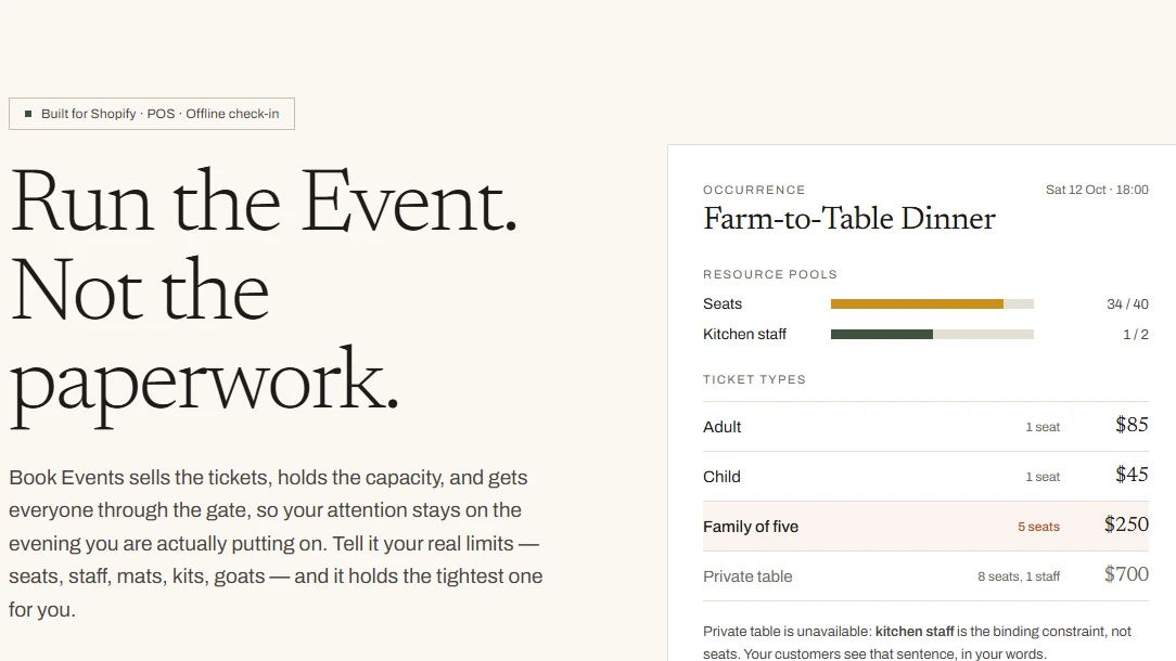 Book Events’ homepage: “Run the Event. Not the paperwork.” beside an occurrence card showing seats and kitchen staff as separate resource pools