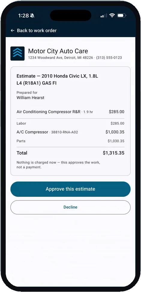 The shop-branded estimate page on the customer's phone: labor, parts, a $1,315.35 total, and an Approve this estimate button