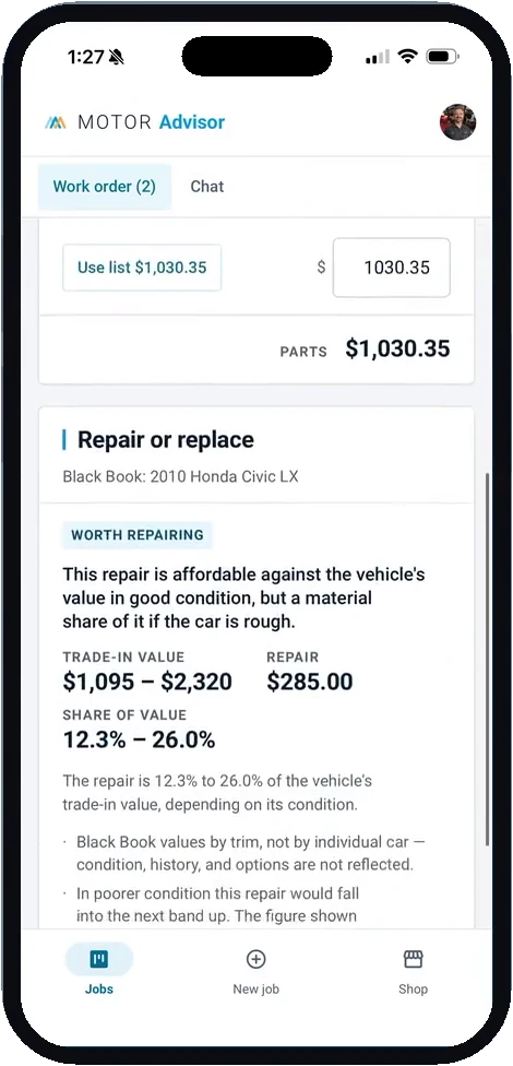 MotorAdvisor work order on a phone: the repair-or-replace card, a $285 repair against a $1,095 to $2,320 trade-in value, marked worth repairing