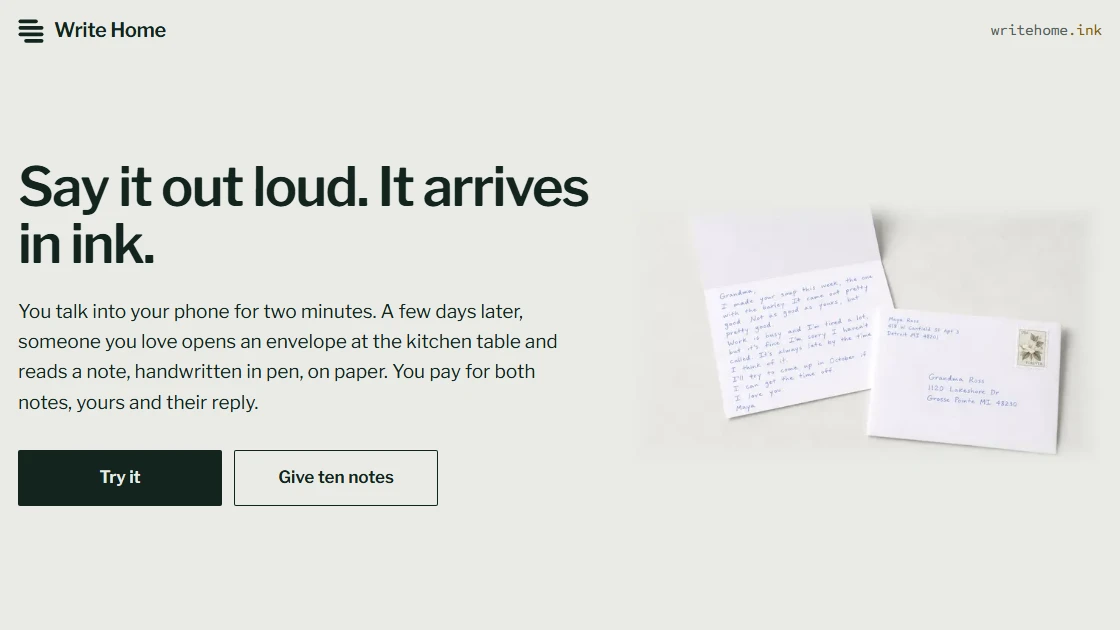 Write Home’s homepage: “Say it out loud. It arrives in ink.” beside a handwritten note and its stamped envelope